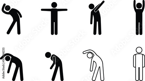 Stick figure stretching exercise poses set illustrating warm up routine, body flexibility training, fitness movements, wellness, and physical therapy concept