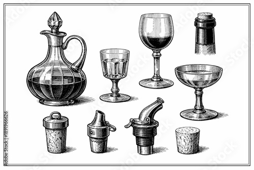 Vintage engraving of assorted glassware and bottle stoppers
