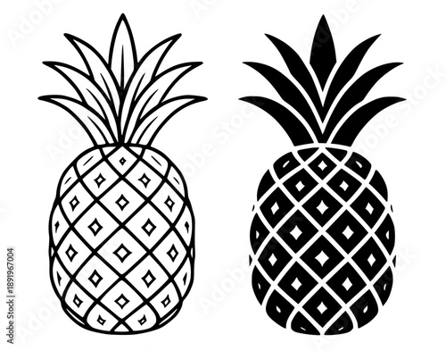 Pineapple illustration icon, black and white in outline and silhouette style