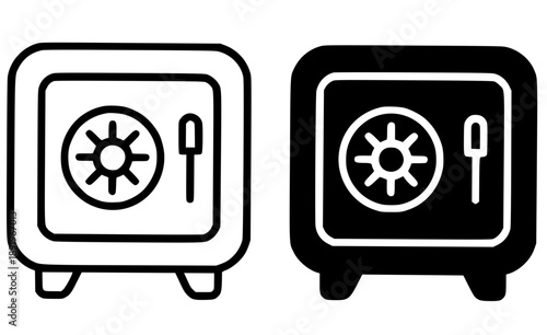 Safe illustration icon, black and white in outline and silhouette style
