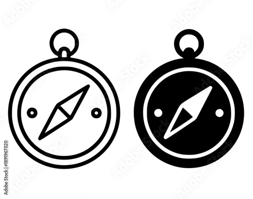 Compass illustration icon, black and white in outline and silhouette style