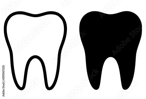 Tooth illustration icon, black and white in outline and silhouette style
