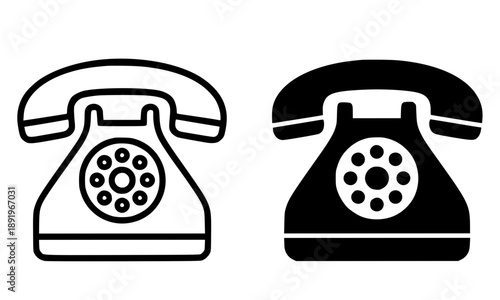 Vintage telephone illustration icon, black and white in outline and silhouette style