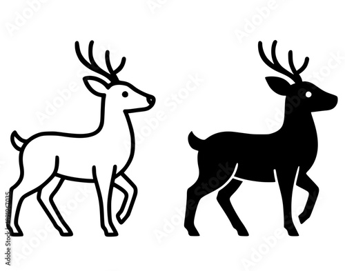 Deer illustration icon, black and white in outline and silhouette style