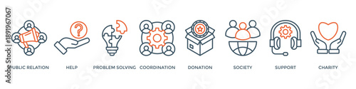 Volunteer banner web icon vector illustration concept with icon of public relations, help, problem-solving, coordination, donation, society, support, charity
