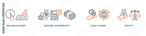 Financial statements banner web icon vector illustration concept with icon of graph, balance sheet, pie chart, income statements, money, calculator, income, earning, cash flow, equity, and balance