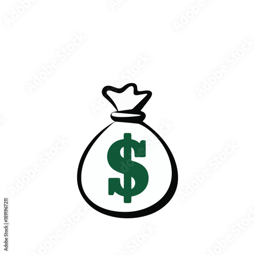Green dollar sign on a white money bag icon vector