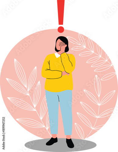 Worried woman with exclamation mark, stress and anxiety concept, mental health awareness, emotional problem, flat vector illustration