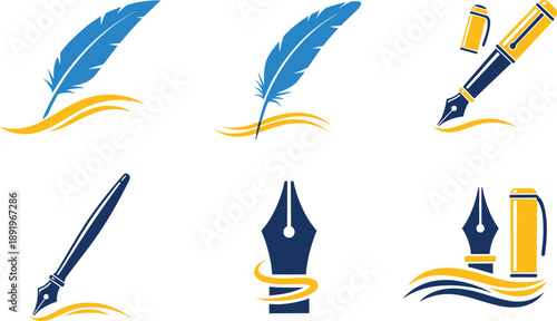 Writing tools logo set with feather quill and fountain pen icons, creative signature design elements, calligraphy branding collection