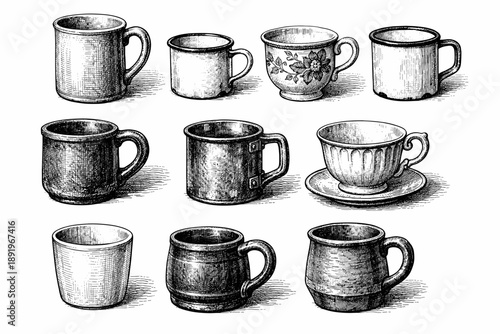 Vintage collection of diverse ceramic and porcelain mugs and cups