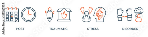 PTSD banner web icon vector illustration concept of post, traumatic, stress and disorder with icon of calendar, time, rocket attack, war, house on flame, headache and disability