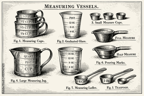 Vintage measuring vessels diagram: cups, glasses, ladles, and jugs