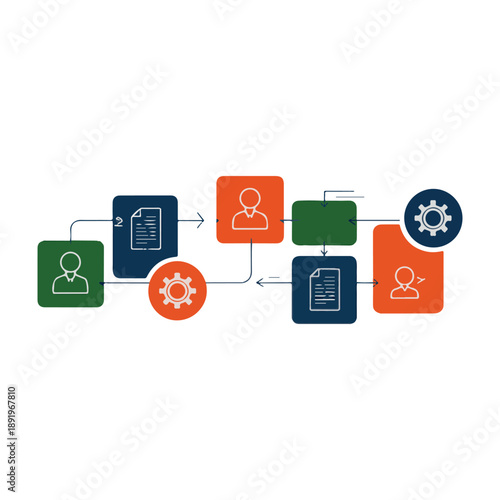 Flowchart with people documents and gears on white background process workflow