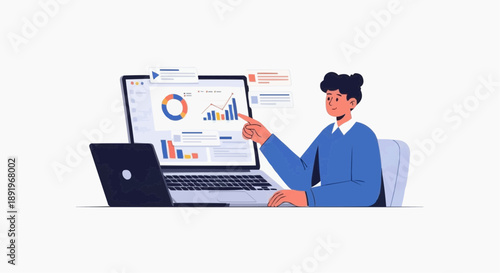 A businesswoman analyzes data on a laptop with a large monitor displaying colorful graphs and charts.