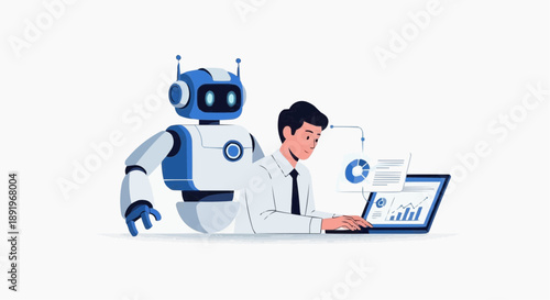 A man in a business suit works on a laptop with a robot assistant beside him in a modern office setting.