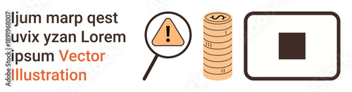 Financial systems, cybersecurity, safety alerts, payment verification, scanning, data management. Warning icon, coin stack square box. Financial systems and cybersecurity for digital usage