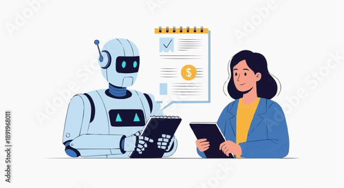 A robot and a woman discussing a financial checklist in a modern office setting with a vector graphic design