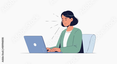 A cartoon woman sitting at a desk working on a laptop with a shocked expression