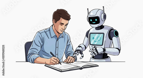 A cartoon illustration of a man and a robot working together at a desk with an open book