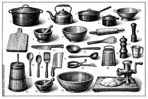 Vintage kitchen utensils and tools illustration with various cooking instruments