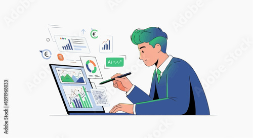 A businessman analyzing financial data on his laptop with graphs and charts floating around him.