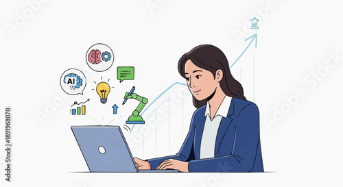 A businesswoman working on a laptop with AI and robotics concepts surrounding her