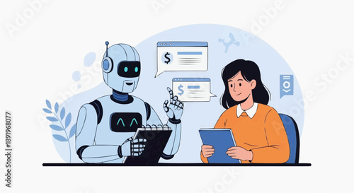 A robot and a woman discussing finance with a tablet and laptop in a modern office setting.