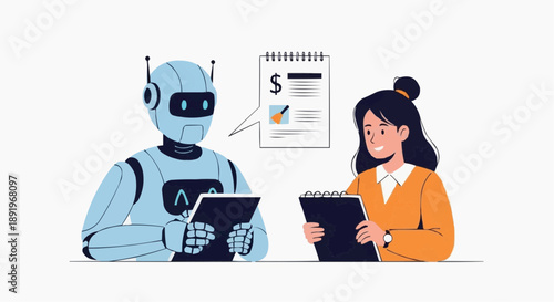 A robot and a woman discussing financial documents with a tablet and notebook