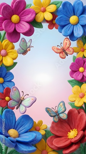 Colorful Clay Style Flower and Butterfly Frame Background