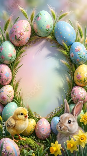 Easter Frame with Eggs Rabbit and Baby Chick