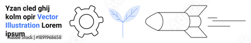 Technology, sustainability, innovation, environment, propulsion, engineering. Gear, leaf and a streamlined rocket. Technology and sustainability intertwined with concepts of propulsion