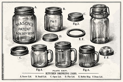 Vintage mason jars diagram with lids and rings for kitchen use