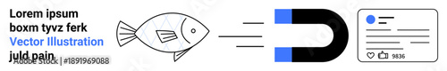 Data collection, attraction, information magnet, data analysis, marketing, connection. Image of a magnet pulling in a fish and information card with text. Data collection and attraction concept