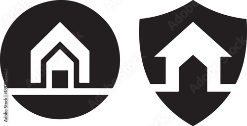 Two icons depicting a house inside a circle and a house inside a shield shape