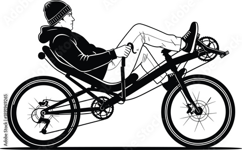 Recumbent bicycle rider silhouette, relaxed cycling posture, modern bike design, active lifestyle illustration, sporty man riding unique recumbent cycle artwork