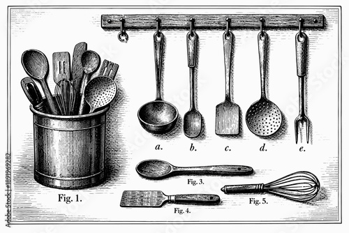 Vintage kitchen utensils illustration with hanging tools and container