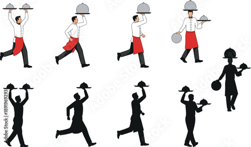Restaurant waiter running with food trays, serving dishes, professional service staff illustration for hospitality, catering, dining, restaurant business artwork