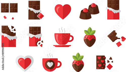 Set of chocolate and heart-themed icons with candy pieces, cocoa bars, hot drinks and strawberries, sweet dessert illustration on white background