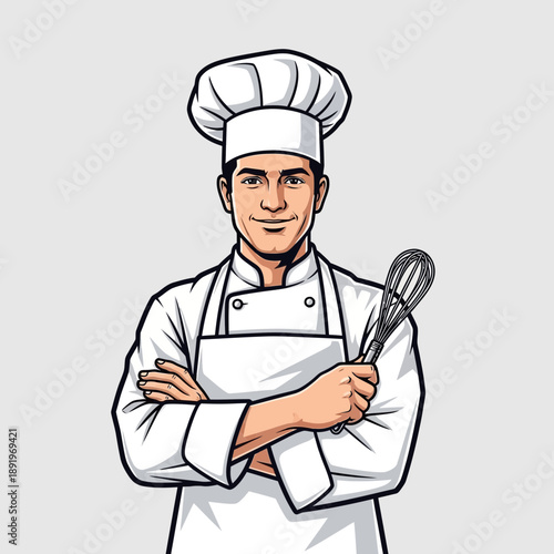 Chef holding a whisk, professional cook in uniform, culinary concept