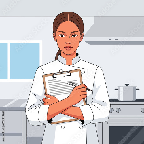 Chef holding clipboard in professional kitchen, culinary inspection concept