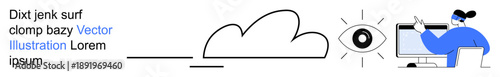 Cloud computing, data analysis, web services, cybersecurity, visual analytics, remote work. Cloud and eye icon with a person at a computer. Cloud computing and data analysis theme