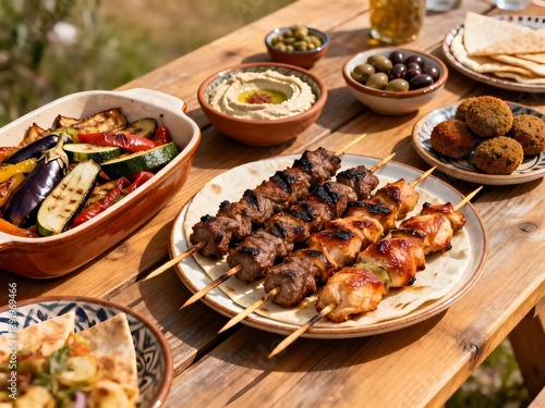 Middle Eastern and Mediterranean Dinner Table with Grilled Lamb Kebab, Chicken Skewers, Roasted Vegetables and Assorted Appetizers on Rustic Outdoor Wooden Table