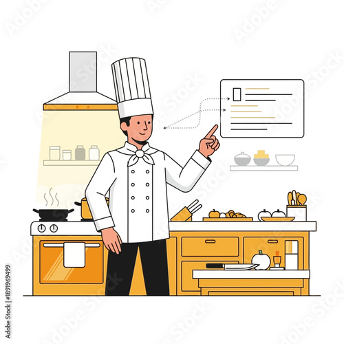 Chef pointing at recipe board in modern kitchen, culinary concept