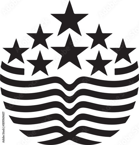 Stylized black stars arranged in a semicircle above wavy lines symbol of a maritime region or state emblem
