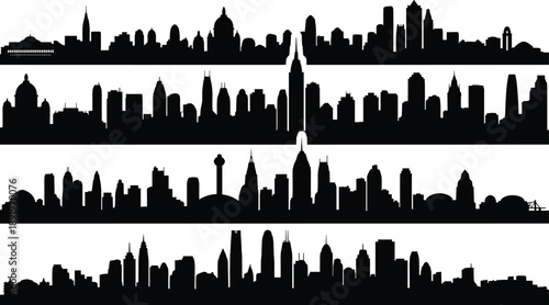Set of city skyline silhouettes featuring global urban landscapes with modern buildings and towers, metropolitan architecture vector illustration on white background