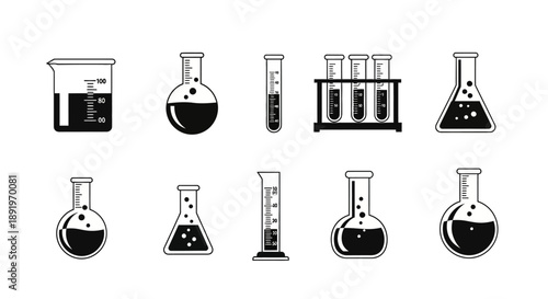 Collection of Various Laboratory Glassware and Equipment Icons in Black and White Outline on an Isolated White Background