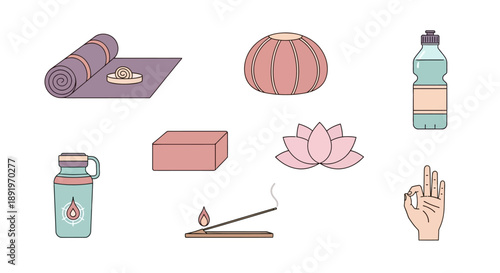 Yoga and Meditation Wellness Items Set for Relaxation and Fitness Featuring Mat, Ball, Water Bottle, Lotus Flower, Incense, and Hand Gesture on Isolated White Background