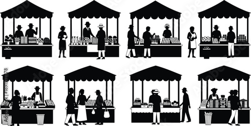 Silhouette farmers market stalls with vendors and customers, selling fresh produce and goods, traditional outdoor marketplace scene, black vector illustration set