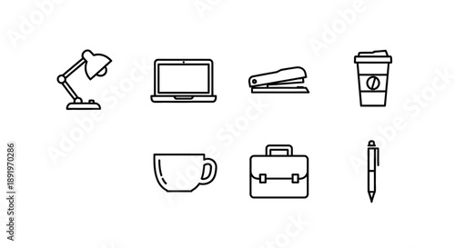 Office and Workplace Items Line Art Icons Set with Desk Lamp, Laptop, Stapler, Coffee Cup, Brief Case, and Pen on Isolated White Background
