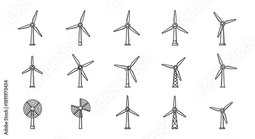 Collection of various wind turbine icons representing renewable energy and sustainability, isolated white background.